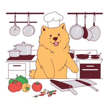 A fluffy orange chow chow stands on its hind legs in a bright kitchen. The dog is wearing a tiny white chef's hat slightly askew on its head. Surrounding the chow chow, there are various pots and pans in stainless steel, some hanging from a rack above. On the counter, there are colorful ingredients like bell peppers and tomatoes neatly arranged next to cutting boards. The dog appears eager and engaged, looking towards the camera as if ready to cook.