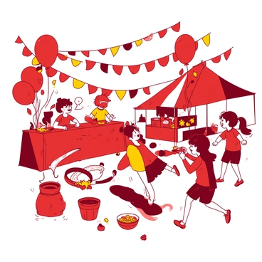A red festival scene is filled with joyful children celebrating friendship. The children are playing various games, including a ring toss and a sack race, surrounded by colorful decorations. Balloons in a mix of red and yellow float above, forming clusters around the area. Laughter and excitement fill the air as some children are seen sharing treats from a nearby stand. In the background, there are vibrant banners and streamers waving gently in the breeze, enhancing the festive atmosphere.