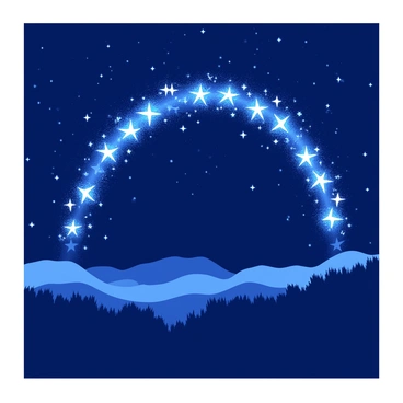 A duotone archway made of glowing stars and radiant light spans across the night sky. The stars shimmer brightly, creating a celestial pattern against the backdrop of the deep, dark atmosphere. Below the archway, the silhouette of a landscape is visible, adding depth to the scene. The light emitted from the archway casts soft shadows, enhancing the magical feeling of the night sky.