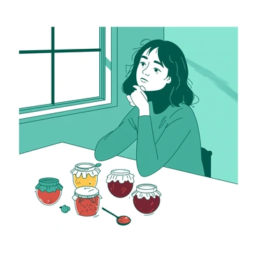 Frances daydreaming about her favorite jam flavors while sitting at a kitchen table.