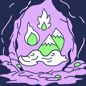 A circle of symbols is arranged on the rocky floor of a mystical cave. Each symbol represents one of the elements: fire, water, earth, and air. The symbol for fire is depicted as a flickering flame with sharp edges. The water symbol features flowing waves with gentle curves. The earth symbol appears as a robust mountain silhouette, while the air symbol is represented by swirling gusts. Each symbol glows softly, casting an ethereal light around them. The cave walls are rough and textured, with faint shadows dancing in the background, enhancing the mysterious atmosphere.