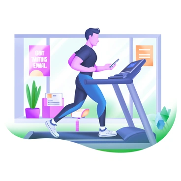 A businessman wearing a stylish black and blue workout outfit is jogging on a treadmill. He has short hair and is focused on a smartphone in his hand, checking emails. The treadmill is positioned in a modern office environment with large windows allowing natural light to stream in. Around him, there are potted plants and motivational posters on the walls. A water bottle and a notebook rest nearby on a small table. The overall atmosphere conveys a blend of fitness and professionalism.