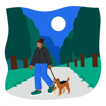 A person wearing a dark jacket and jeans is walking a medium-sized dog on a leash. The dog appears excited, with its tail wagging. The scene is set at night, and the full moon is shining brightly in the sky, casting a soft glow on the ground. The path is lined with tall trees, their shadows stretching across the walkway. Small patches of grass are visible along the sides of the path, glimmering slightly in the moonlight. The person and dog are in the foreground, creating a sense of movement and life in the tranquil nighttime setting.