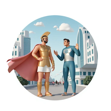 A classic Greek hero, wearing a traditional bronze armor and a flowing red cape, stands confidently with a relaxed posture. His chiseled features and laurel crown signify his noble status. Next to him, a modern-day superhero, clad in a sleek blue and silver suit with a symbol on the chest, gestures animatedly as they chat. The bustling city in the background is filled with tall skyscrapers, busy streets, and people going about their day. Sunlight casts dynamic shadows, and a few clouds dot the clear sky above them.
