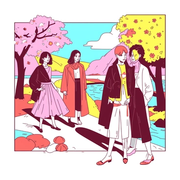 A group of models is standing in a picturesque outdoor setting that showcases a vibrant seasonal atmosphere. Each model is wearing a distinct high-fashion outfit that embodies the essence of the season. One model is adorned in a flowing dress with floral patterns, surrounded by colorful blooming flowers. Another model is in a tailored coat with an elegant scarf, standing on a path framed by trees with changing leaves. A third model features a chic ensemble with bold accessories, positioned near a gently flowing stream. The sky above is clear, allowing natural light to enhance the beauty of the scene.