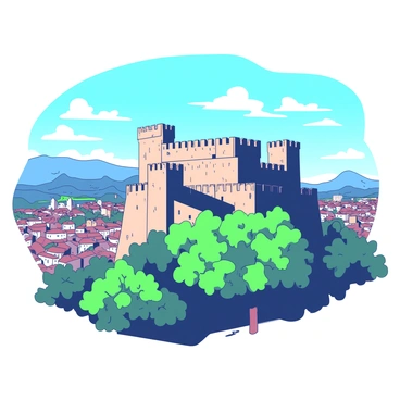 The historic Bastille fortress is situated on a hill, overlooking the city of Grenoble. The fortress features sturdy stone walls and imposing towers, showcasing its military architecture. Beneath a clear blue sky, the sunlight casts distinct shadows on the fortifications, highlighting their textures. In the foreground, green trees are visible, enhancing the natural beauty of the landscape surrounding the fortress. The city of Grenoble sprawls below, with rooftops and streets nestled among the vibrant scenery.
