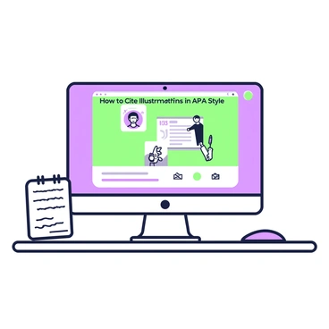 A computer screen is positioned on a desk, displaying a video tutorial. The screen shows a green and purple interface with text that reads "How to Cite Illustrations in APA Style." On the video, a digital instructor is explaining the citation process, with visual examples appearing beside him. Below the video, a paragraph of text outlines the key points, and there are icons representing books and articles. A keyboard and a pen are placed in front of the computer, and a notepad with handwritten notes is partially visible beside the screen.