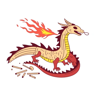 A dragon made entirely of matchsticks is depicted in an engaging pose, its body intricately constructed with tiny wooden pieces. The dragon's eyes are crafted from small black beads that add a striking contrast to the matchsticks. It is breathing a stream of tiny flames, which are illustrated in vibrant hues. The flames emerge from the dragon's open mouth, swirling and flickering in the air. Around the dragon, fragments of matchsticks are scattered, resembling a chaotic and creative construction site.
