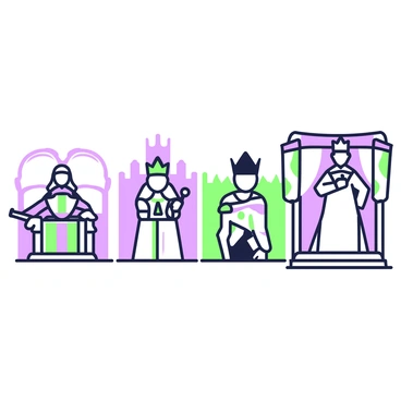 A series of portraits displays the succession of monarchs through a royal dynasty. The first portrait features a regal monarch in elaborate robes, seated on an ornately designed throne. The second portrait showcases a fierce queen adorned with a crown, holding a scepter, and standing confidently with a backdrop of castle architecture. The third portrait depicts a young prince, dressed in military attire, with an embroidered cape, and a confident expression. The fourth portrait presents an elderly king, wise and dignified, with a flowing beard and a cloak draped over his shoulders, framed by banners representing the royal lineage. Each portrait is distinct, capturing the individual character and attire of the monarchs, while the background elements provide a sense of the royal heritage.