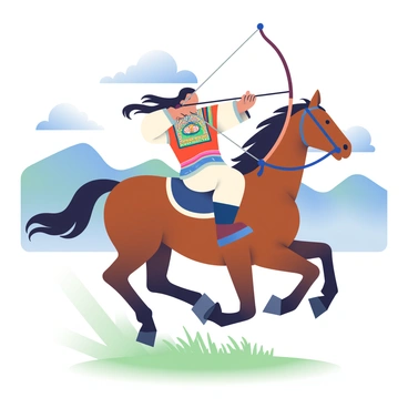 A skilled Mongolian archer with tan skin and long black hair is riding a majestic brown horse. The archer is dressed in traditional Mongolian attire, featuring a colorful deel with intricate patterns. He is holding a curved bow string taut, aiming with precision at a distant target. The horse is depicted in mid-gallop, muscles defined and mane flowing in the wind. In the background, rolling grassy hills under a bright blue sky enhance the setting, while a few clouds drift lazily by. The focus is on the concentration of the archer as he prepares to release the arrow.