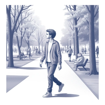 A casual walker is strolling through a busy city park. The individual is dressed in comfortable clothing and has a relaxed posture. Tall trees surround the area, providing a natural canopy above. In the background, people are engaged in various activities, such as jogging, sitting on benches, or playing with dogs. The park is filled with a vibrant atmosphere, as the sun shines down, casting shadows on the ground. The path is well-trodden with a mix of gravel and dirt, showing evidence of many visitors.