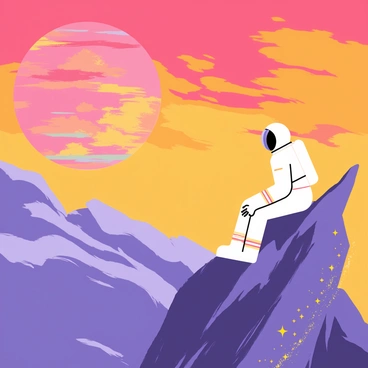 An astronaut wearing a white space suit sits on the rocky surface of a comet. The astronaut gazes at a vibrant sunset with hues of orange, pink, and purple spreading across the sky. In the distance, a large and colorful planet is visible, with swirling clouds and rings. The comet is dotted with small craters and has a trail of stardust behind it, creating a dynamic scene in space.