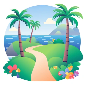 A winding hiking trail cuts through a lush tropical island covered in vibrant green foliage. Tall palm trees with slender trunks and large fronds line the trail, swaying gently in the breeze. In the distance, sparkling blue ocean views are visible, with gentle waves lapping against the shore. The sky above is a brilliant blue with a few fluffy white clouds scattered throughout. Along the sides of the trail, colorful flowers in shades of red, yellow, and purple are blooming, adding splashes of color to the landscape.