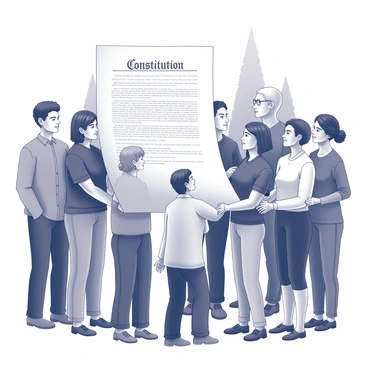 A diverse group of citizens stands together, holding a large, unfolded document labeled "Constitution" in the center. Individuals of various ages, ethnicities, and genders surround the document, each with a firm grip on its edges. Their faces express determination and solidarity as they look forward. The background consists of a subtle indication of an outdoor area, perhaps with trees or a park setting, emphasizing a sense of community. The lighting highlights their features, showcasing the diversity among the group.