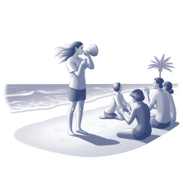 A musician is standing on the sandy shore, holding a conch shell to their lips as they blow into it, producing a deep, resonant sound. The musician has long hair flowing in the ocean breeze, and they are dressed in casual beach attire. Surrounding them, a small group of people are seated on the sand, some are clapping along to the rhythm, while others are listening intently. In the background, gentle waves are lapping against the shore, and a few palm trees can be seen swaying in the wind. The atmosphere is lively yet relaxed, encapsulating the essence of a joyful beach gathering.