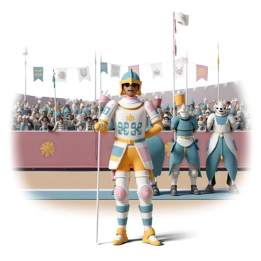 A toyotaro character participating in a medieval tournament with knights and jousting