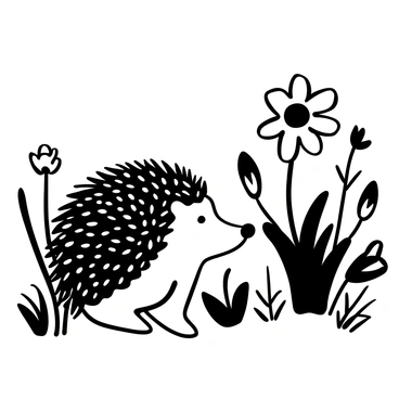 A hedgehog with spiny quills is crouched down, sniffing a daisy flower in a garden. The garden has various plants and flowers surrounding the hedgehog, adding to the natural atmosphere. Sunlight filters through the leaves, creating distinct shadows on the ground. The hedgehog is focused on the daisy, which stands tall with a prominent stem and petals open wide. Small blades of grass are also scattered around, enhancing the garden setting.