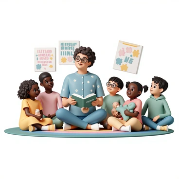 A storyteller, wearing a blue patterned shirt and glasses, sits on a colorful rug in a bright and inviting room. She holds an open book with the title "Acceptance" clearly visible on the cover. Surrounding her is a diverse group of children, each with unique features and clothing. A girl with curly hair and a yellow dress sits cross-legged, listening intently. Next to her, a boy with dark skin and a red T-shirt leans forward, captivated. A child with straight black hair and glasses clutches a stuffed animal while smiling. Another boy with light skin and freckles, wearing a green hoodie, looks up expectantly. The walls of the room are decorated with vibrant posters about kindness and inclusion, creating an atmosphere of warmth and engagement.