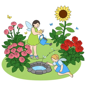 A magical garden filled with vibrant, colorful flowers in shades of pink, yellow, and blue. Tiny fairies, each with delicate, shimmering wings, are actively tending to the plants. One fairy, wearing a bright green dress, is watering a tall sunflower with a tiny watering can, while another fairy, dressed in blue, is carefully pruning a bush of red roses. The garden is surrounded by lush green foliage, with butterflies fluttering around and a small stone path winding through the flowers. In the background, a gentle glow emanates from a small fountain, enhancing the enchanting atmosphere of the scene.