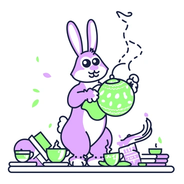 A March Hare with wild eyes is standing upright on its hind legs. Its long ears are perked up, and its fur is fluffy and disheveled. In its front paws, it holds a steaming teapot, which is adorned with intricate patterns. The teapot's spout is angled slightly upward, releasing wisps of steam into the air. Surrounding the hare is a table set with mismatched teacups and saucers, each displaying unique designs. The scene is slightly chaotic, with scattered tea leaves and a few open books lying around, adding to the lively atmosphere.