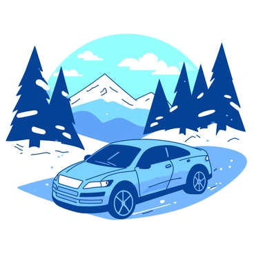 A blue car is driving along a winding snowy mountain road. The road is bordered by tall evergreen trees dusted with white snow. In the background, sharp mountain peaks rise against a clear sky. The sunlight reflects off the car's surface, enhancing its vibrant color. The scene captures the sense of motion as the car navigates a curve in the road, with snowflakes gently falling around it.