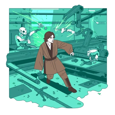 A teal Anakin Skywalker is skillfully navigating through a chaotic droid factory. He is wearing a brown tunic and has a determined expression on his face. Various mechanical arms are whirring and moving around him, with some pushing and assembling droids in the background. Sparks are flying from the machinery as Anakin skillfully dodges the moving parts. The factory floor is cluttered with unfinished droids, tools, and conveyor belts, creating an atmosphere of intense activity and urgency.