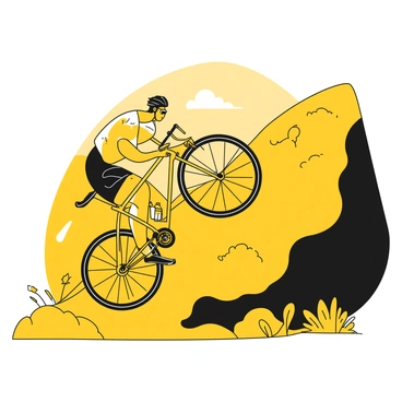 A cyclist toppling over at the crest of a grassy hill