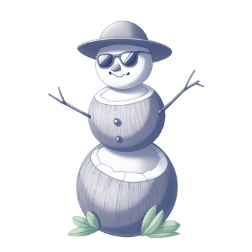 A snowman constructed from three stacked coconuts. The bottom coconut is large, supporting a medium-sized coconut in the middle, topped with a smaller coconut for the head. The snowman is wearing a wide-brimmed hat resting atop the head coconut. A pair of sunglasses sits on the face of the snowman, enhancing its playful appearance. There are two small twigs as arms extending from the middle coconut, and a few decorative green leaves could be scattered around the base, suggesting a tropical environment.