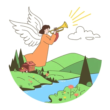 An orange angel with large, feathered wings is playing a shining gold trumpet high in the sky. The angel has a serene expression, and the trumpet emits a bright light, illuminating the surrounding clouds. Below, a tranquil landscape stretches out, featuring rolling green hills and a gentle river reflecting the light above. Scattered wildflowers add pops of color throughout the scene, and a small wooden cottage can be seen nestled among the trees in the distance.
