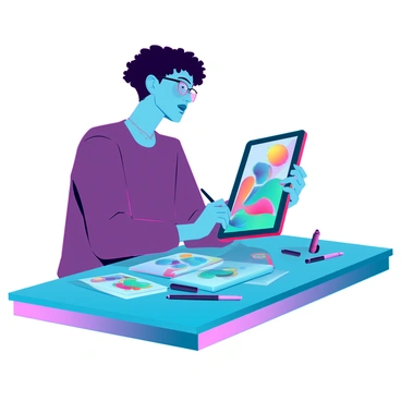 An artist with short, curly hair and wearing glasses is sitting at a sleek, modern table. They are intently focused on a digital tablet, their fingers gliding over the screen. The tablet displays a colorful, dynamic illustration featuring abstract shapes and vivid colors. Surrounding the artist, there are various art supplies scattered, including styluses and brushes. Bright, ambient lighting enhances the vibrant energy of the scene, highlighting the artist's concentration and creativity.