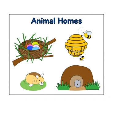 A flashcard displaying a variety of animal homes. On the left side, there is a detailed illustration of a bird's nest, crafted from twigs and grass, nestled in the crook of a tree branch. The nest contains three small, colorful eggs. Next to it, there is a carefully designed beehive made of hexagonal wax cells, with a few bees buzzing around it. Below, a cozy burrow is depicted, partially hidden under some grass, with a small rabbit peering out. The top of the flashcard has the label "Animal Homes" in bold, playful letters. Each home is vibrant and clearly defined against a simple white background, allowing the illustrations to stand out.
