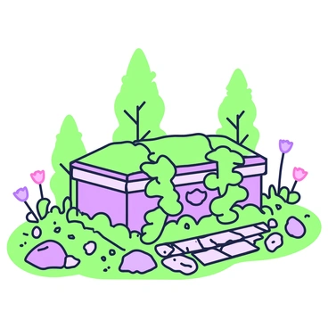 A casket is positioned in the center of a garden, enveloped in lush green vines and soft moss. The casket is wooden, with an intricate design carved into the surface. The vines spiral around the edges, while patches of moss cover the top, creating a natural camouflage. Surrounding the casket, a variety of flowers bloom in vibrant colors, adding contrast to the greenery. The garden features small rocks scattered throughout, and a path made of cobblestones leads to the casket, inviting the viewer to approach. In the background, there are tall trees, their leaves gently rustling in a light breeze.