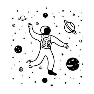 An astronaut in a space suit floating gracefully in an expanse filled with scattered stars. The astronaut is depicted with intricate details on the suit, showcasing the various panels and equipment attached. Around the astronaut, several planets of different sizes and patterns orbit in a circular arrangement, with bold linework defining their surfaces. The background consists of a sparse distribution of stars, creating a cosmic atmosphere.