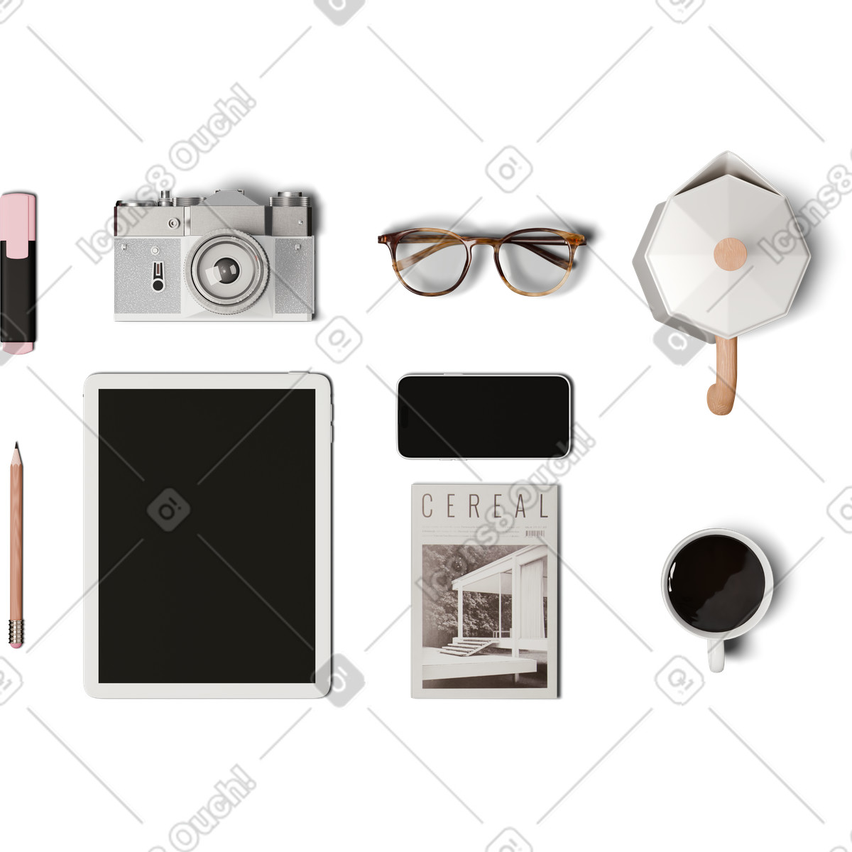 Vista dall'alto delle cose del blogger disposte in perfetto ordine illustrazione stile 3D Hygge scarica PNG, SVG