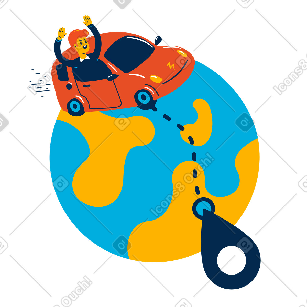 Worldwide road trip, happy traveler driving around globe illustration in Flame style download in PNG, SVG