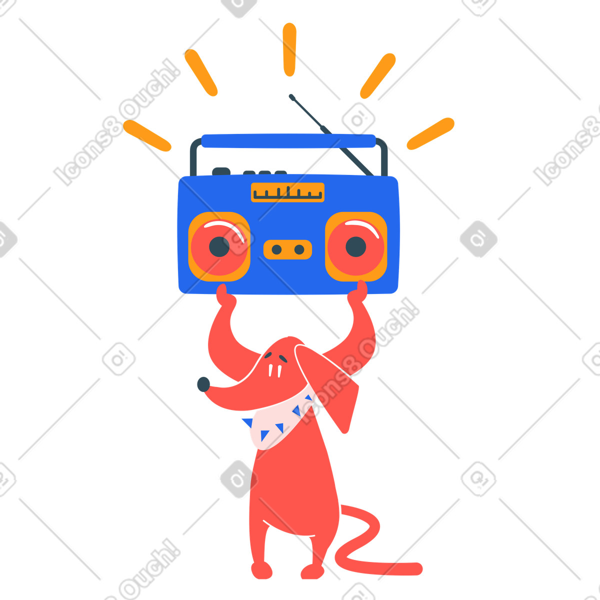Ilustración Perro de pie y sosteniendo un equipo música sobre su cabeza en estilo Kingdom a descargar en PNG SVG