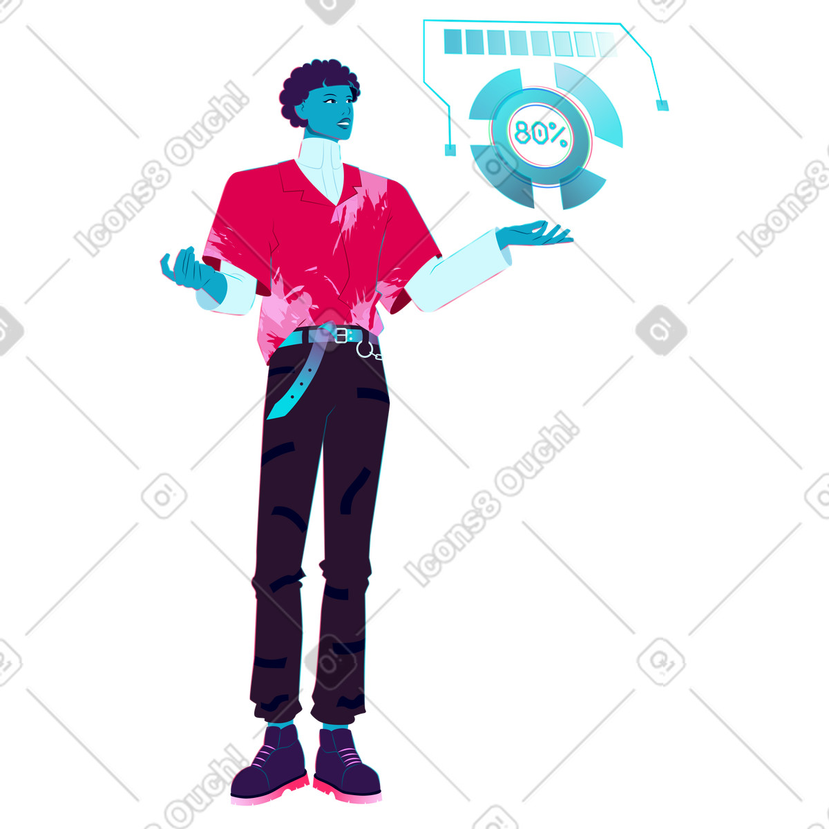 下载 Neon 风格的 Person presenting infographics, Data visualization and reporting 插画，支持 PNG、SVG 格式