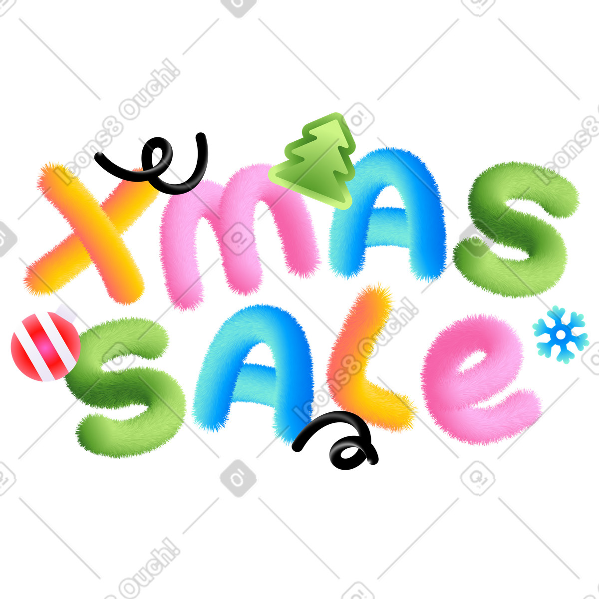Lettering xmas sale con testo di decorazioni natalizie illustrazione in stile Puffy scarica in PNG, SVG