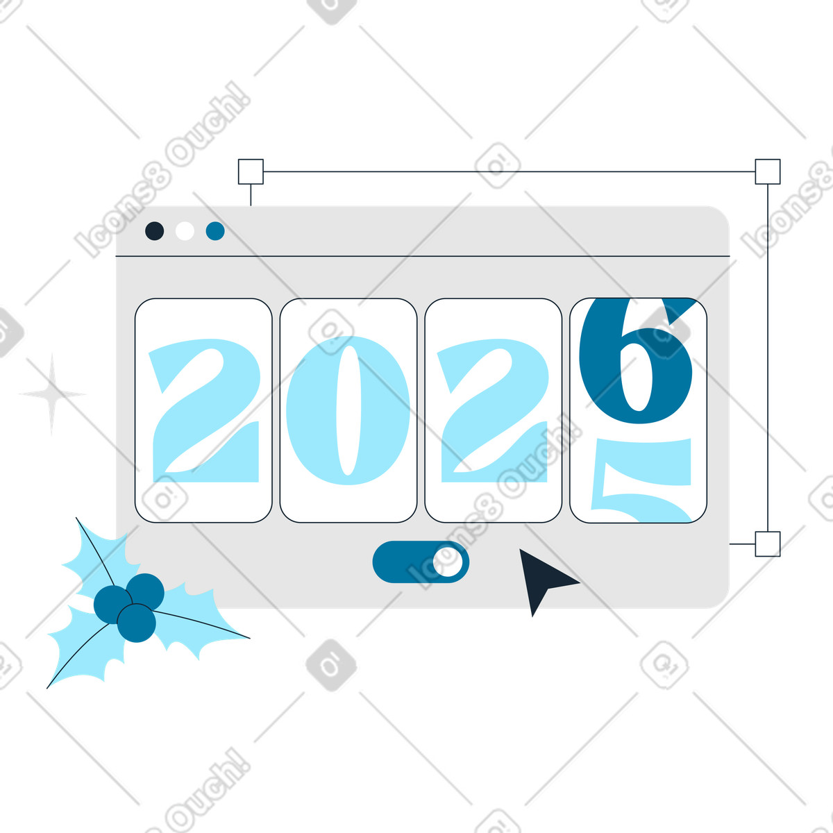 Year 2026 counter in the browser window and holly berry illustration Indigo style download PNG, SVG