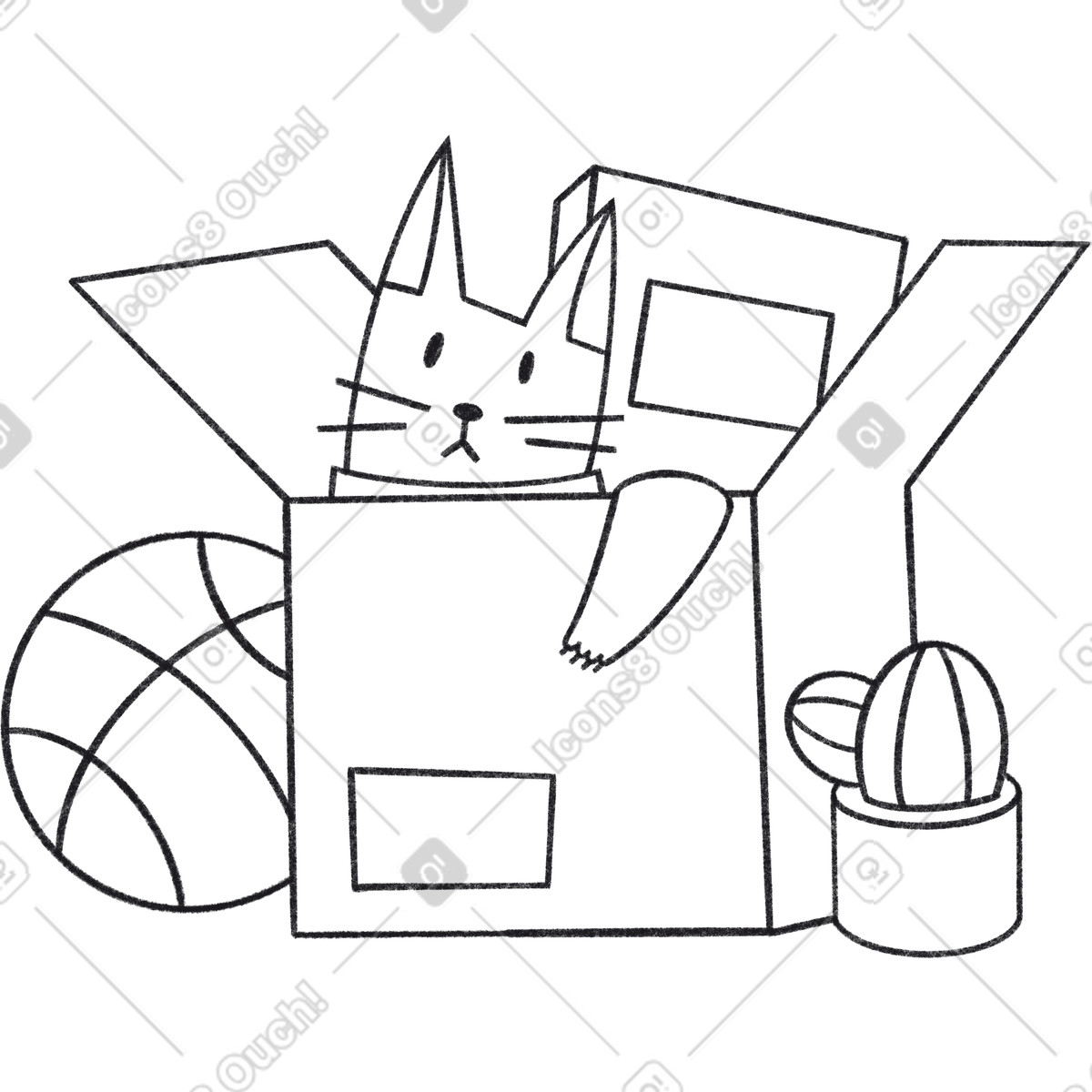 Box with cat ball book and cactus illustration in Bonbon Line style download in PNG, SVG