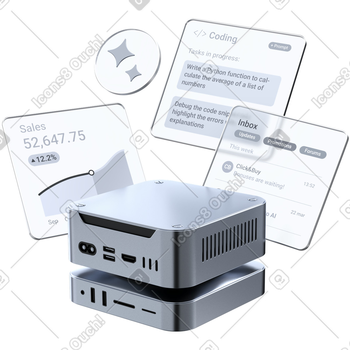 Workspace visualization with mini pc managing inbox updates promotions and forums illustration in 3D Pro style download in PNG, SVG