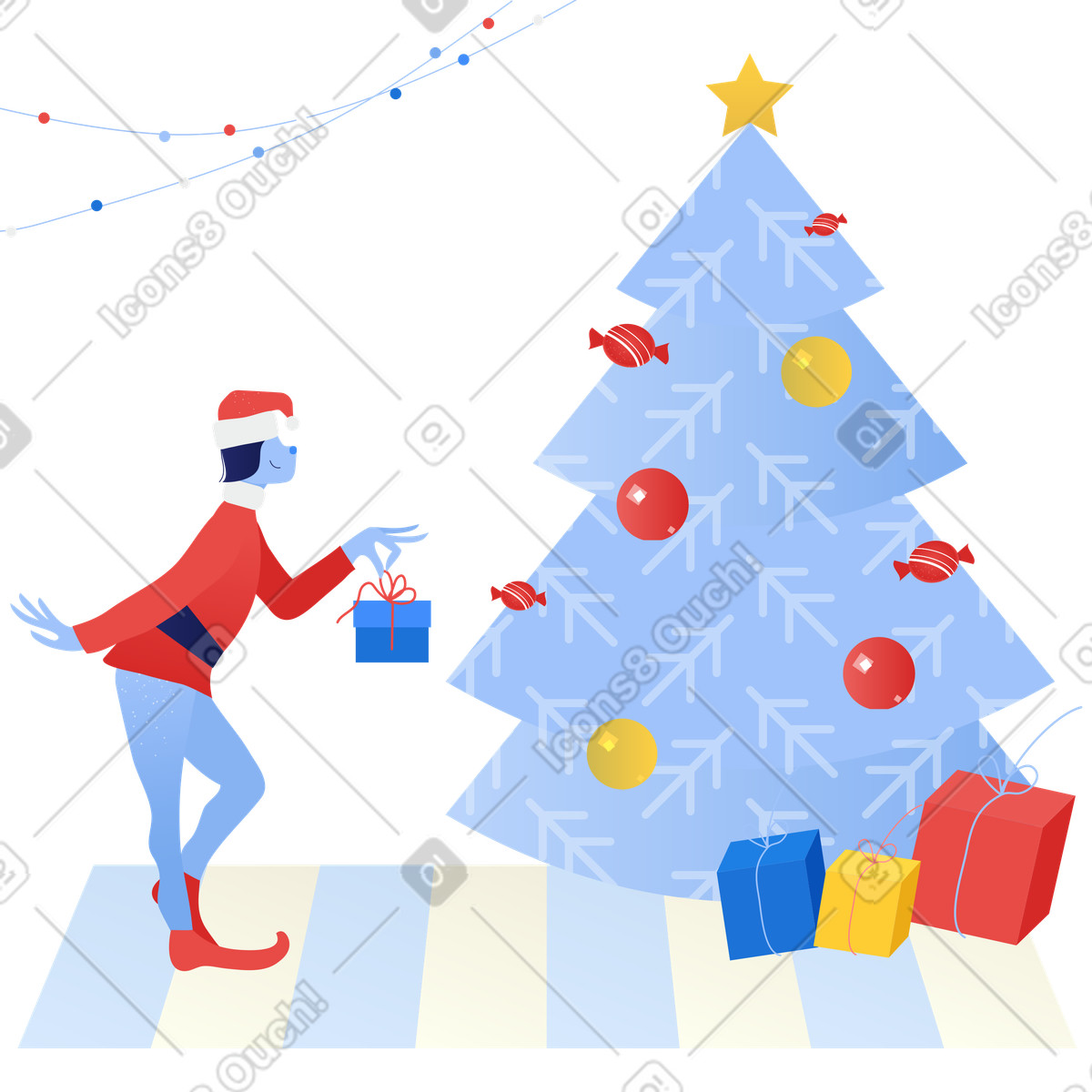 Ilustración Mujer grinch vestida de papá noel colocando regalos bajo el árbol navidad en estilo Clip a descargar en PNG y SVG