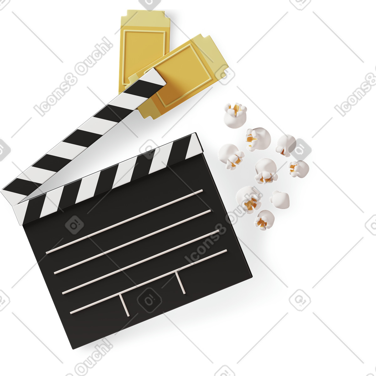 Ciak, popcorn e biglietti per il cinema illustrazione in stile 3D Plastic people scarica in PNG, SVG