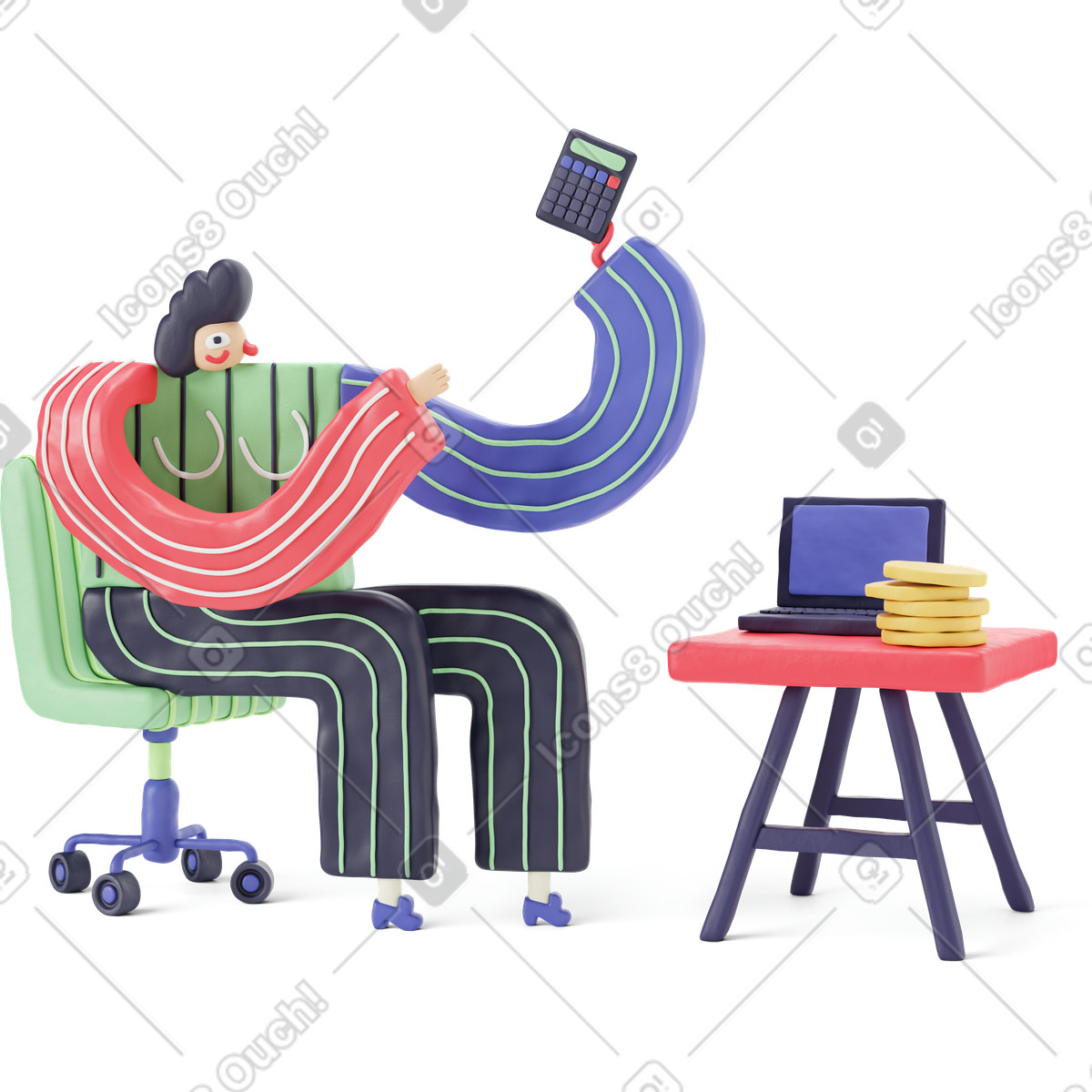 下载 3D Stripy 风格的 管理财务的女人 插画，支持 PNG、SVG 格式