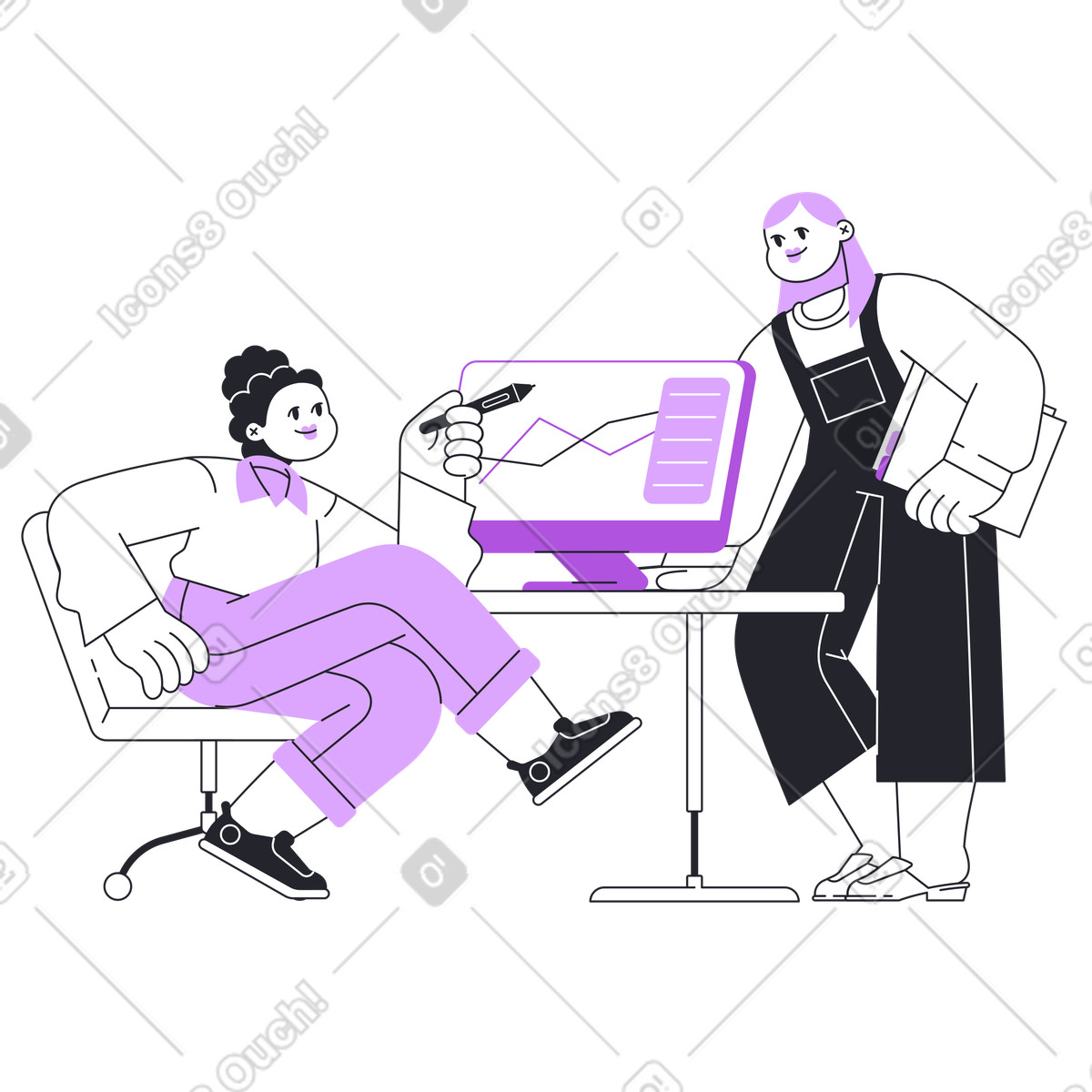 下载 Grapy 风格的 Colleagues reviewing data at desk, Workplace review session 插画，支持 PNG、SVG 格式