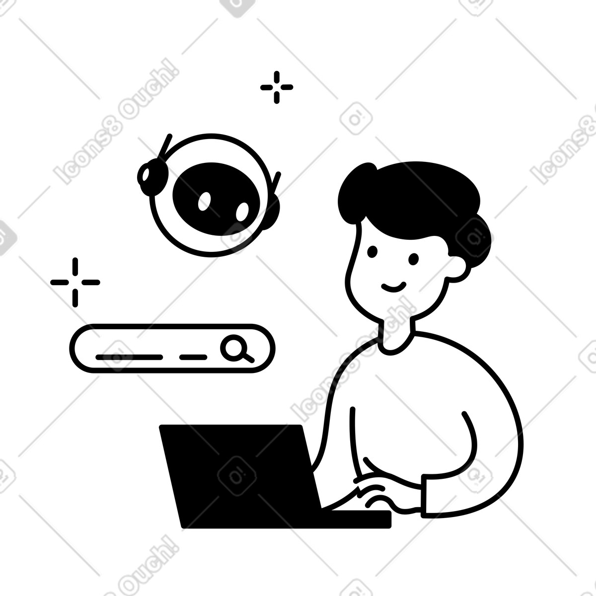 Illustration Laptop user interacting with ai chatbot and online search interface dans le style Notion Line Art à télécharger aux formats PNG, SVG