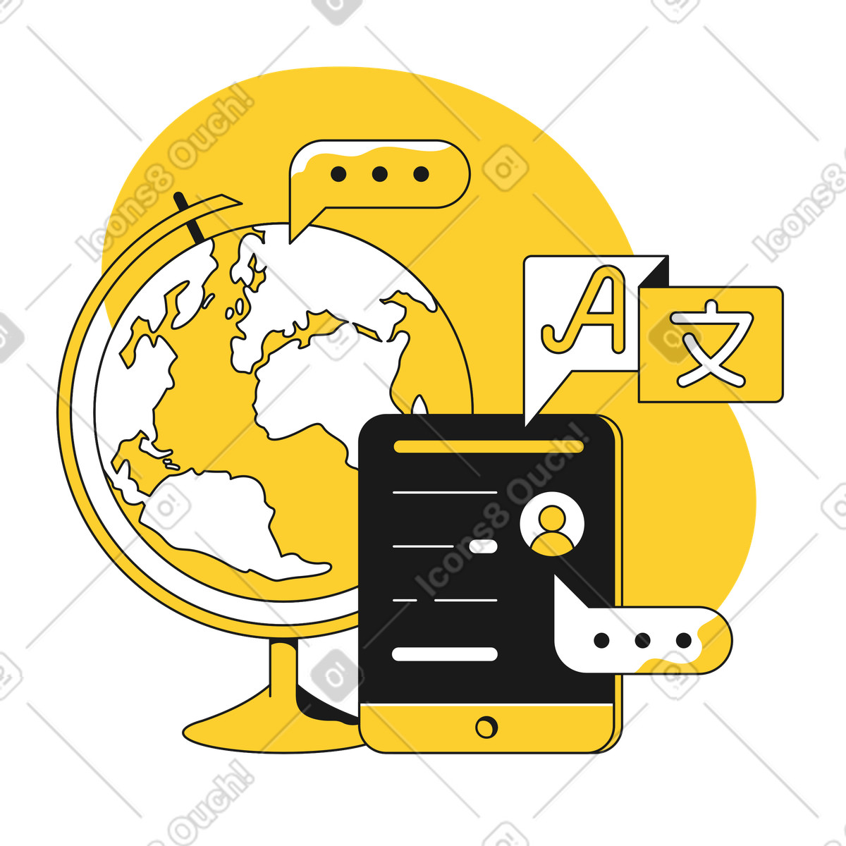 Illustration animée Éducation en ligne pour l'apprentissage des langues dans le style Taxi à télécharger aux formats GIF, Lottie (JSON), AE