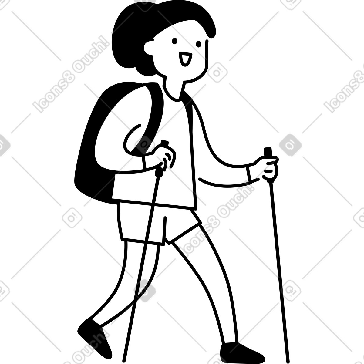 下载 Notion Line Art 风格的 Outdoor traveler marching confidently with backpack and supportive trekking sticks 插画，支持 PNG、SVG 格式