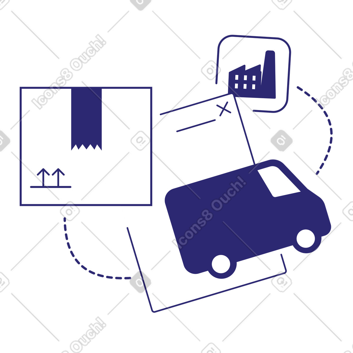 Supply chain management mit paket, lkw und gebäude-Illustration im Cut-Stil als Download in PNG, SVG
