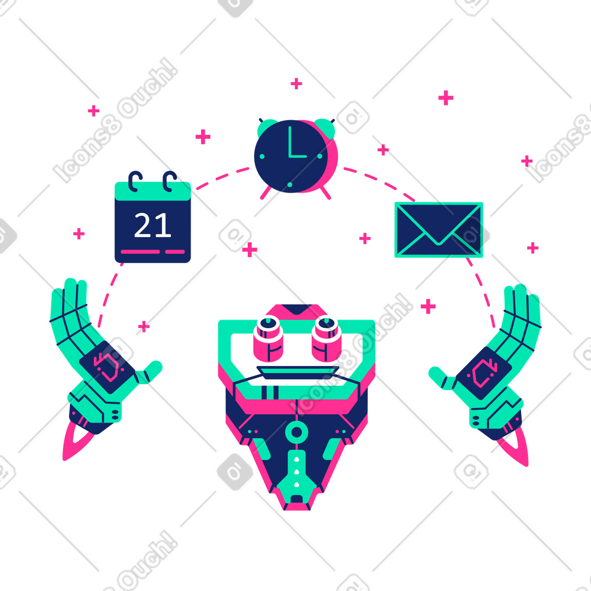 Illustration Le robot lève les yeux et voit calendrier, réveil la lettre dans style Cyborg à télécharger aux formats PNG, SVG